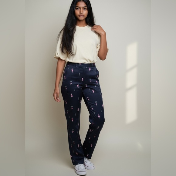 Island Republic Pants - Island Republic, ladies, size 6, cotton pants, exc condition, black/ pink roses